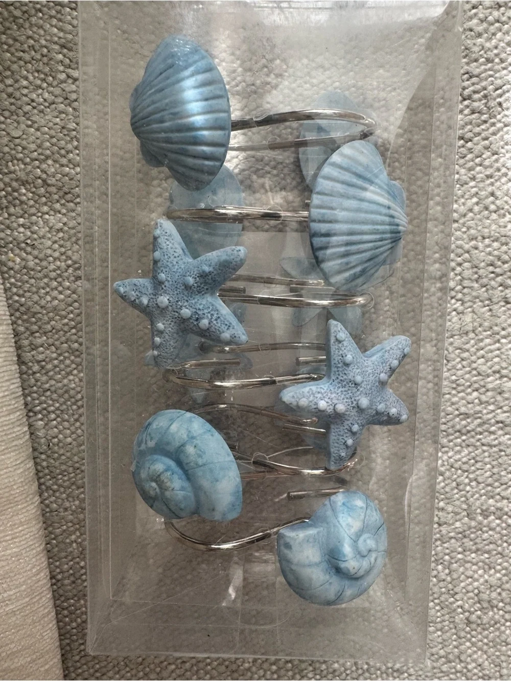 Set of 12 Light Blue Nautical Shower Curtain Hooks - Shell, Starfish, Conch